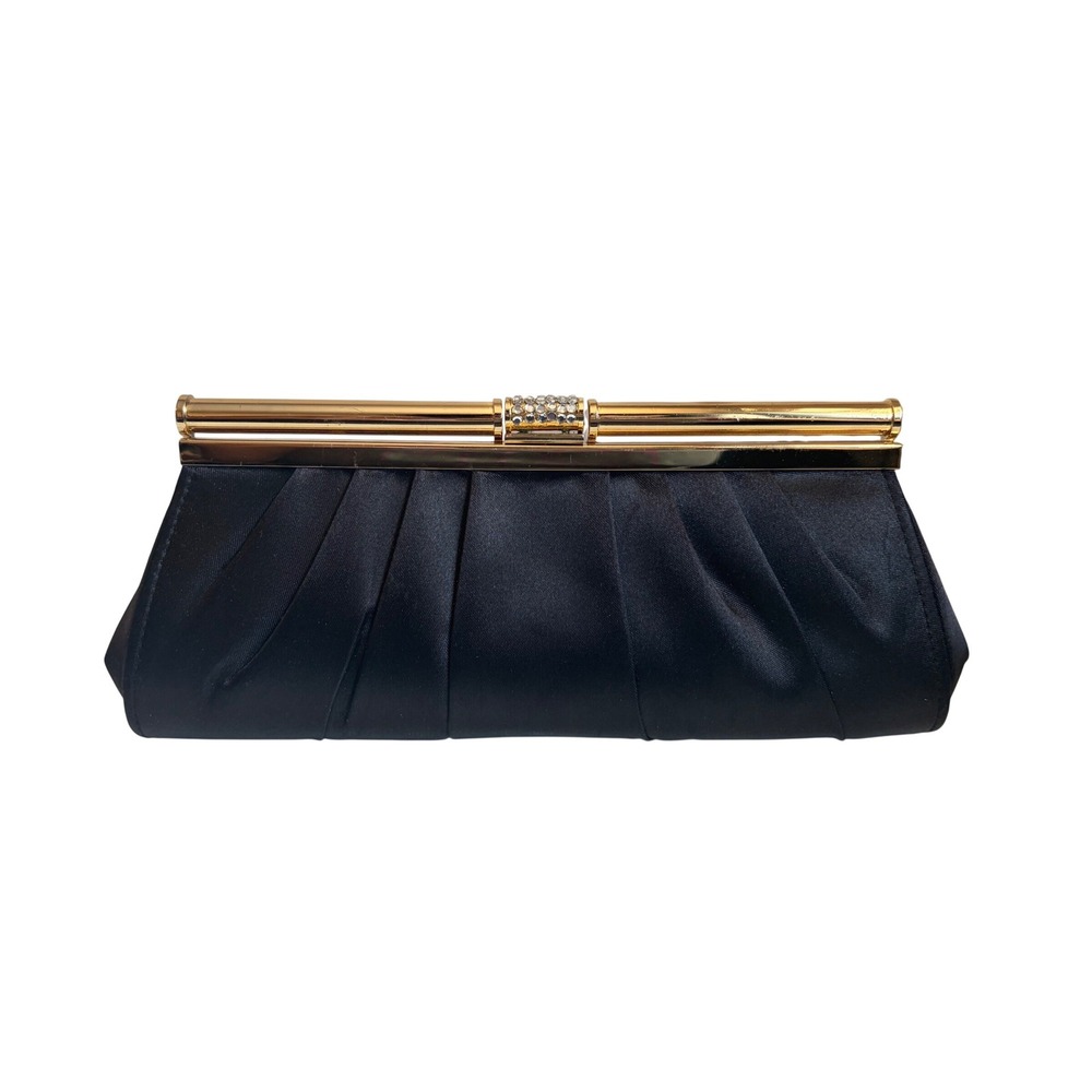 Lovely N.Y. Black Satin Pleated Evening Clutch Bag Gold Frame Rhinestone Accent